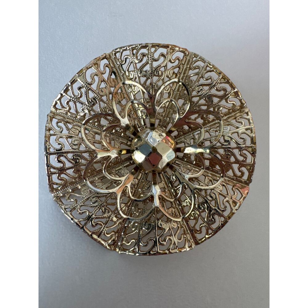 1950s Gold Tone Filigree Floral Clip Earrings Large Statement